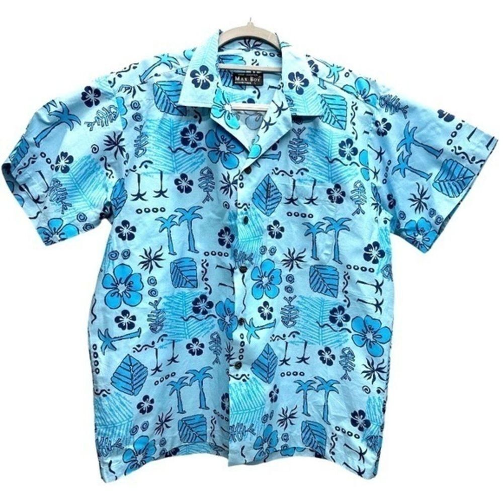 Max Boy OTOP Champion Men's Vintage Blue Hawaiian One Front Pocket Shirt Size L